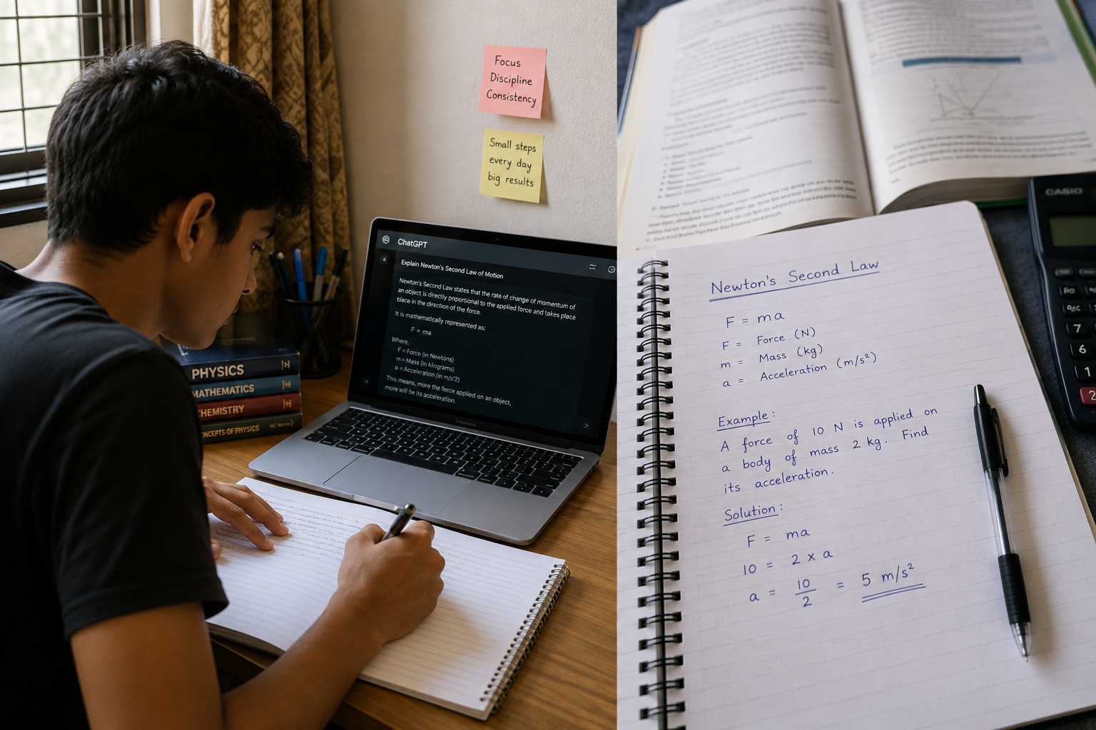 Student studying with an AI assistant on a laptop while taking notes and learning independently.